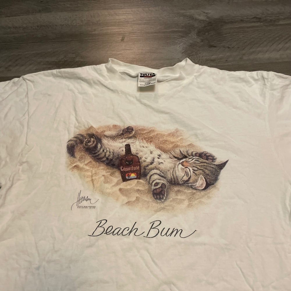Vintage Tultex Bob Harrison Beach Bum Cat T-Shirt White XL 90s Copurrtone Tabby - Picture 2 of 5